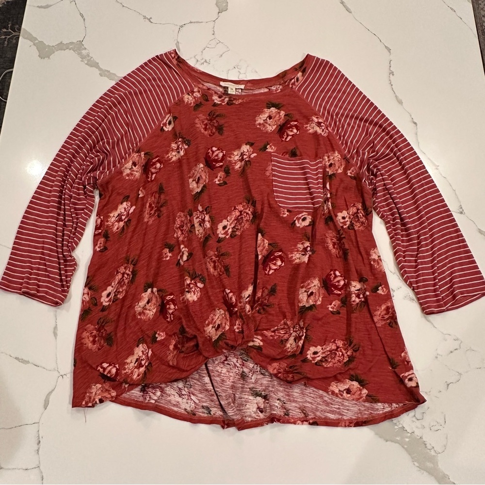 Loralette Plus Size Floral Striped Cotton Linen Pullover Top 2X Boho Cottagecore